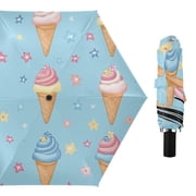 Cute Ice Cream Cones Stars All Weather Umbrella Triple Folding Parasol 6 Ribs UV Protection Portable