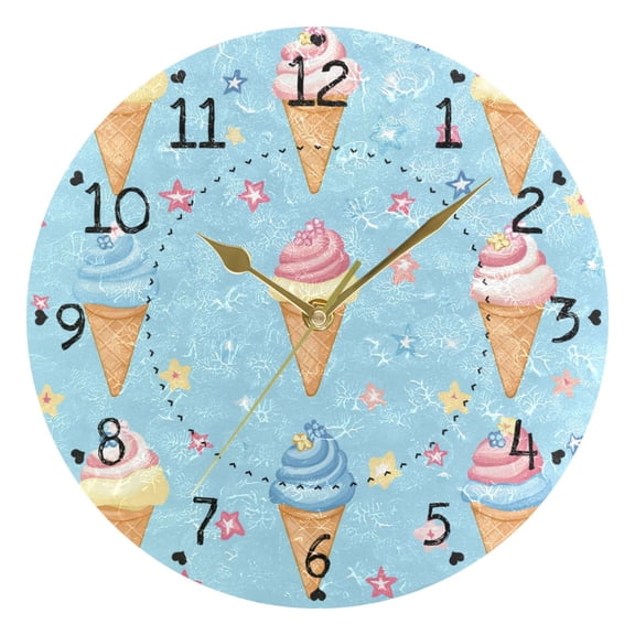 Cute Ice Cream Cones Stars Round Wall Clock Silent Analog Battery Operated Gold Pointer Home Decor 9.84" Diameter