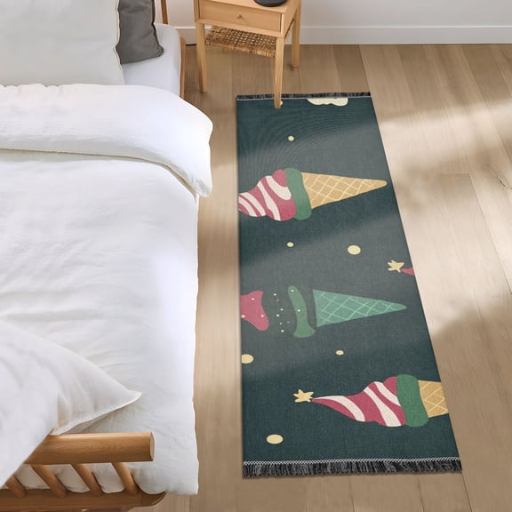 Cute Ice Cream Cones with Christmas Elements Bedside Runner Rug 2'x 6' Non Slip Carpet Floor Mat Area Rug