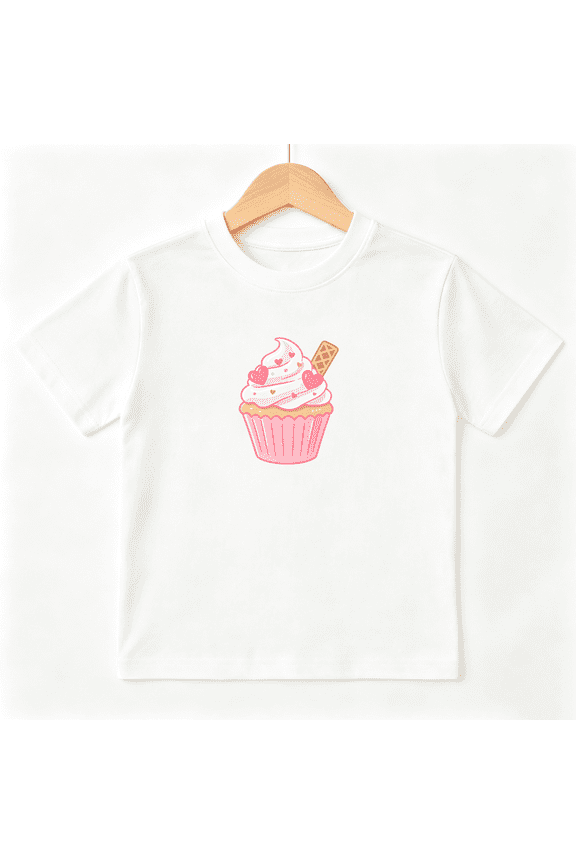 Cute Ice Cream Cupcake Girls Graphic Tee, Sweet Kawaii Dessert 100% Cotton Kids Short Sleeve T-Shirt 4-13Y
