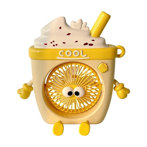 Cute Ice Cream Drink Cup Mini Fan, Rechargeable Portable Desktop Fan with Adjustable Speed & Animation Design for Home, Office, Travel