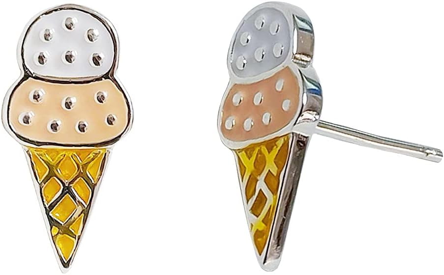 Cute Ice Cream Stud Earrings For Women - 925 Sterling Silver, Enameled, Dainty Cartilage Earrings