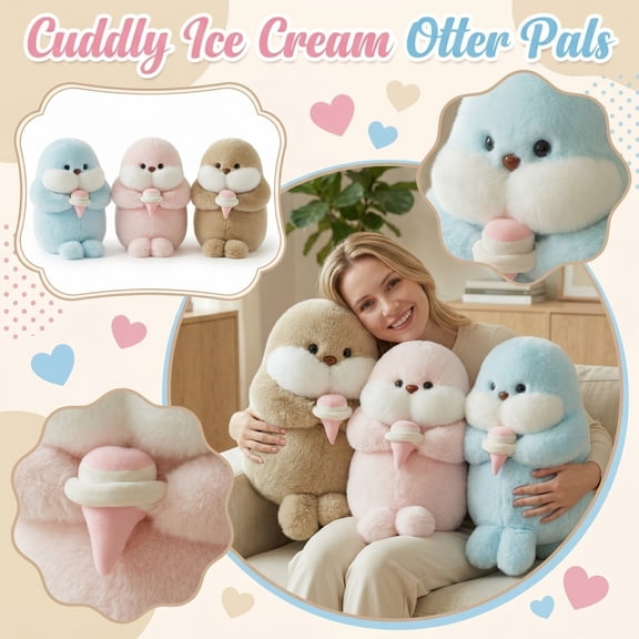 Cute Ice Cream Otter Plush Toy, Soft Stuffed Animal Otter Plushie, Perfect Birthday Graduation Gift for Kids Friends (A)