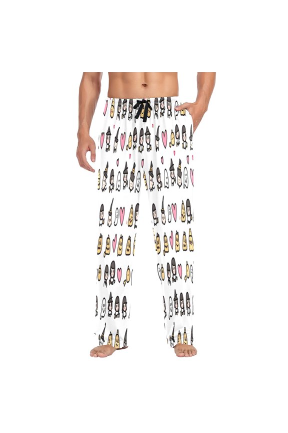 Cute Icons Theme Mens Cotton Pajama Pants Long Staple Lightweight Sleep Bottoms with Pockets Breathable