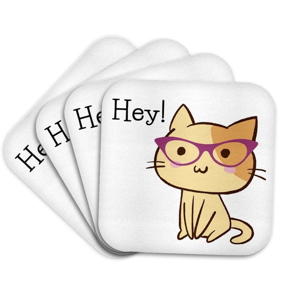 3drose, Cute Image of a Cat with Eye Glasses, Set of 4 Coasters - Soft