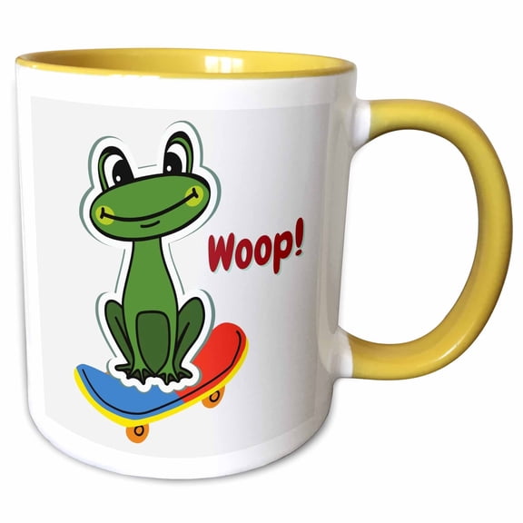 3drose, Cute Image of a Frog Skating with Text of Woop, 15oz Two-tone Yellow Mug