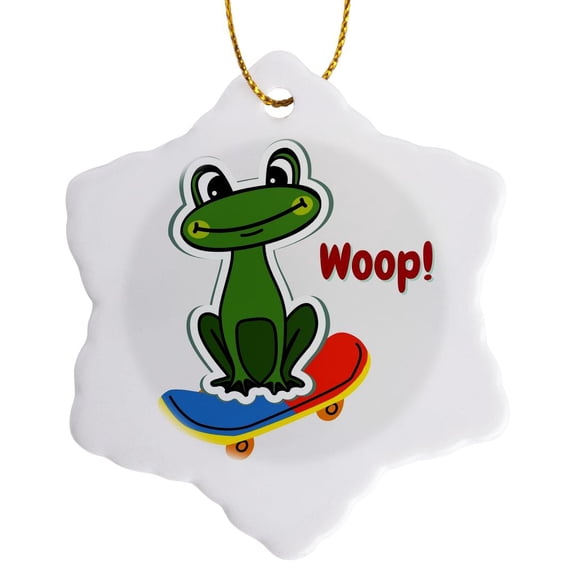 3drose, Cute Image of a Frog Skating with Text of Woop, 3 inch Snowflake Porcelain Ornament