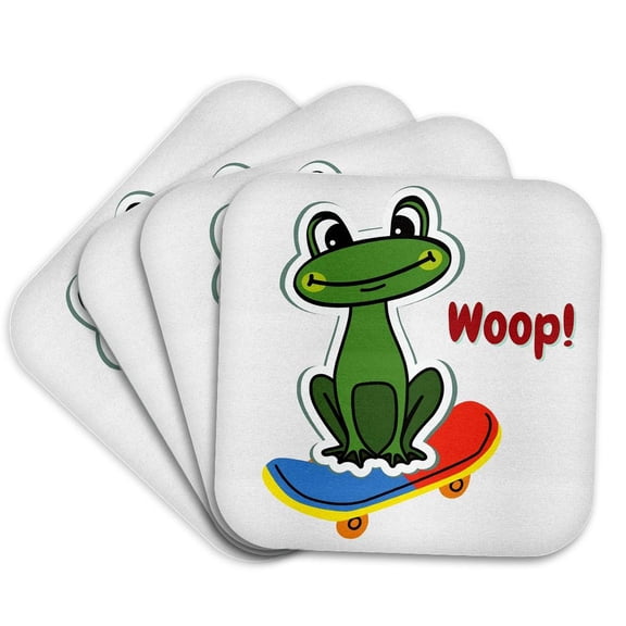 3drose, Cute Image of a Frog Skating with Text of Woop, Set of 4 Coasters - Soft