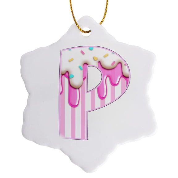3drose, Cute Image of Candy Pink Stripe Monogram P, 3 inch Snowflake Porcelain Ornament