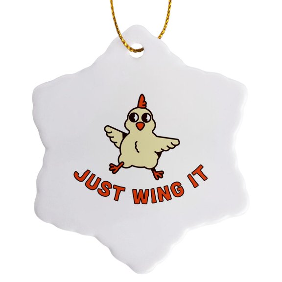 3drose, Cute Image of Chicken with Text of Just Wing It, 3 inch Snowflake Porcelain Ornament