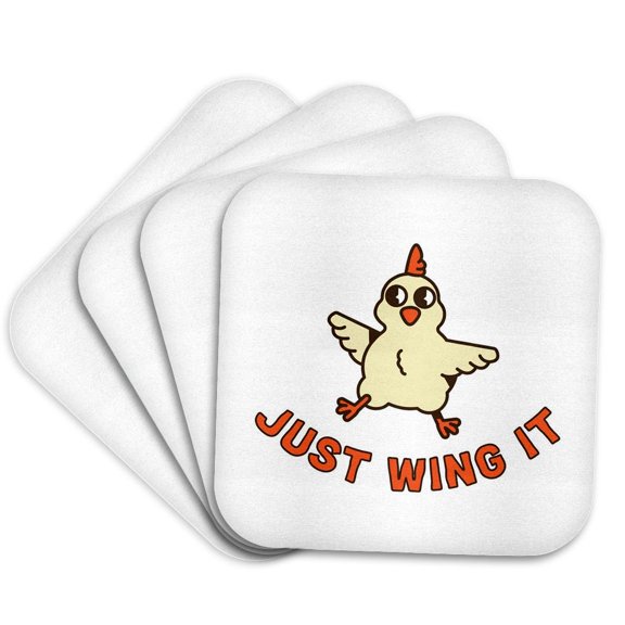 3drose, Cute Image of Chicken with Text of Just Wing It, Set of 4 Coasters - Soft