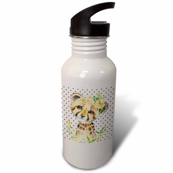 3dRose, Cute Image Of Watercolor Baby Cheetah With Tropical Flowers, Flip Straw 21oz Water Bottle