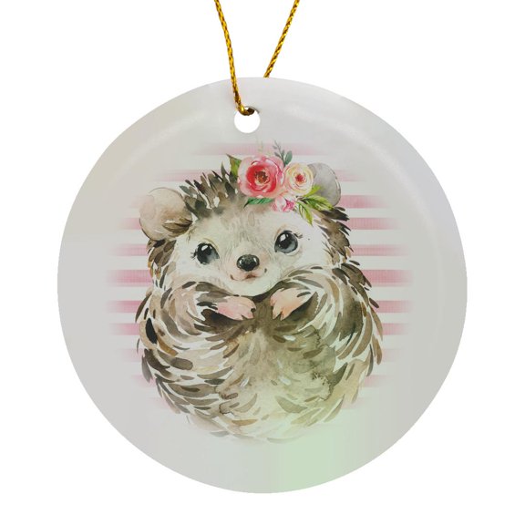 3drose, Cute Image of Watercolor Floral Hedgehog Illustration, Circle Porcelain Ornament