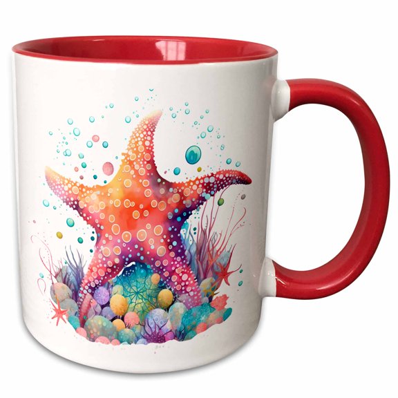 3drose, Cute Image of Watercolor Pastel Starfish with Bubbles Illustration, 11oz Two-tone Red Mug