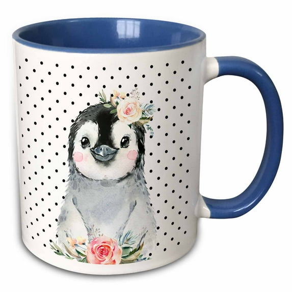 3drose, Cute Image of Watercolor Penguin with Flowers, 15oz Two-tone Blue Mug