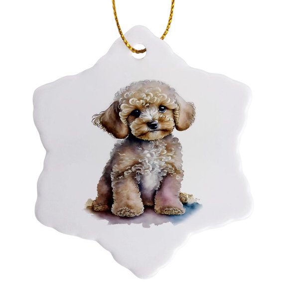 3drose, Cute Image of Watercolor Poodle Puppy Dog Illustration, 3 inch Snowflake Porcelain Ornament