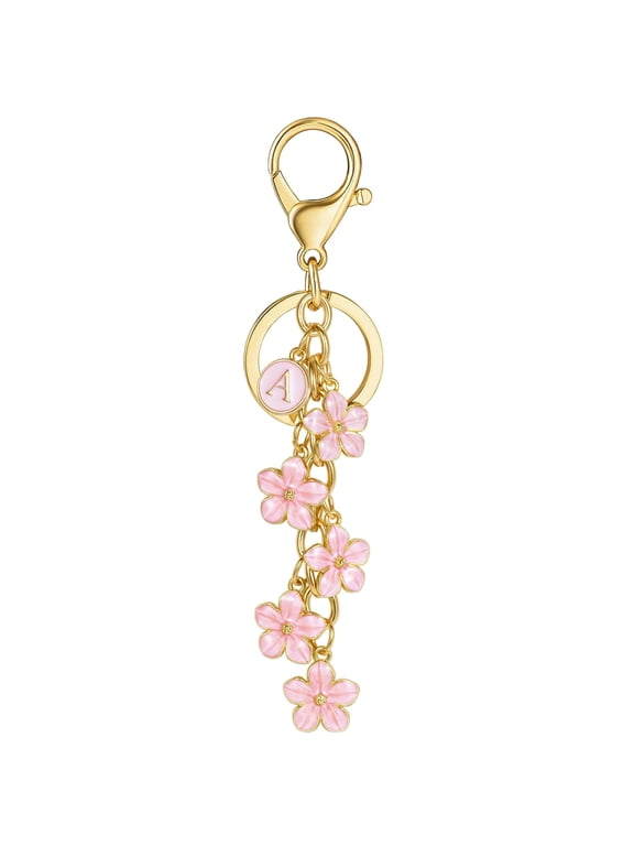 Cute Initial Letter M Keychain,Flower Bag Charms Letter Keyring Purse Bag Accessories(Light Pink)