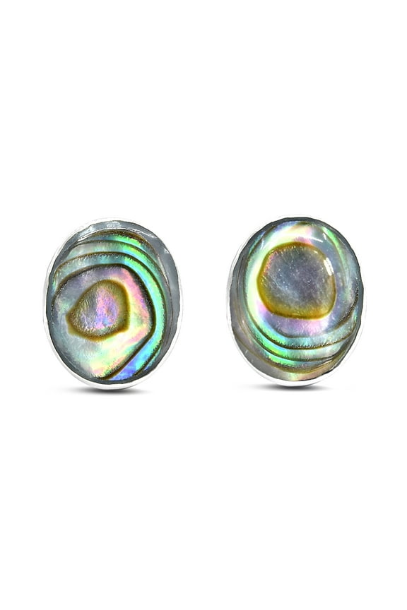 Cute Inlay Abalone Shell Oval .925 Sterling Silver Push Back Stud Earrings