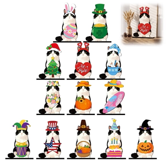 Cute Interchangeable Cat Wooden Desk Sign with Magnetic Hats, Seasonal Animal Decor Set for Tiered Tray, Farmhouse Tabletop Stand, DIY Home Office Decoration, Birthday Gift