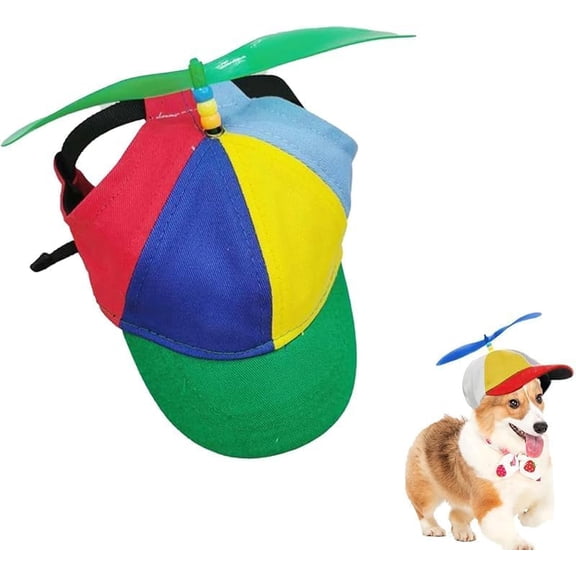 Cute and Interesting pet hat, Dog Propeller Cap with Ear Holes, Rainbow Helicopter top Interesting pet Cap, Adjustable Belt for Dogs and Cats, Cute and Breathable Dog Baseball Cap Suitable for Summer