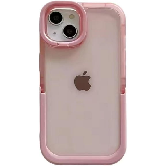 Cute Invisible Folding Holder Camera Lens Ring Stand Transparent Phone Case Soft Anti-Scratch Shockproof Candy Back Cover for iPhone 13, Pink