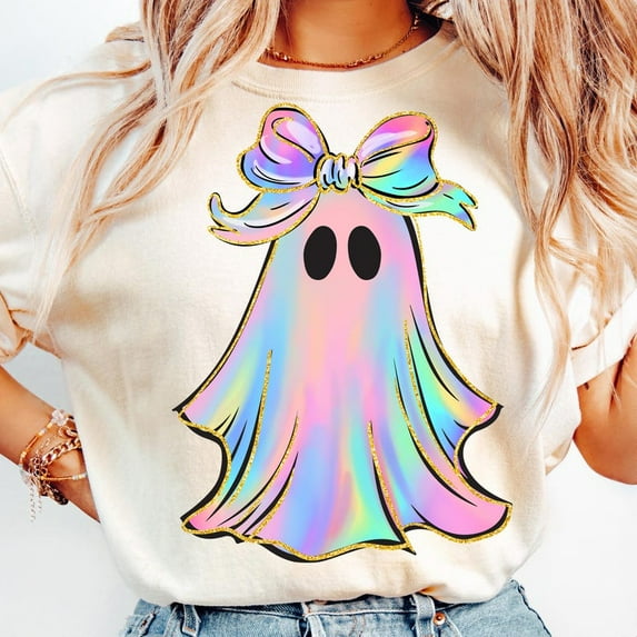 Cute Iridescent Ghost T-Shirt for Women, Coquette Pink Halloween Graphic Tee with Bow, Preppy Neon Spooky Season Shirt Design