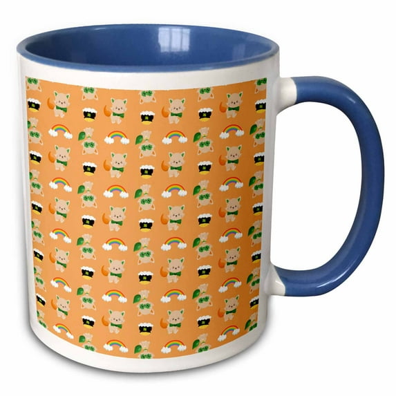 3drose, Cute Irish Cats, Pots of Coins, and Rainbow Pattern, 11oz Two-tone Blue Mug