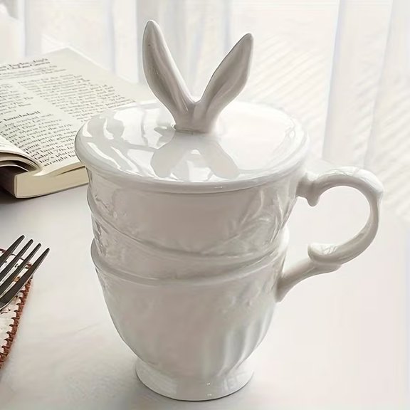 Cute Irregular Alice Rabbit Ears Coffee Mug - Creative Ceramic Breakfast Mug with Lid and Handle - 11.83oz for Afternoon Tea, Coffee Shop, and Home Kitchen Accessories
