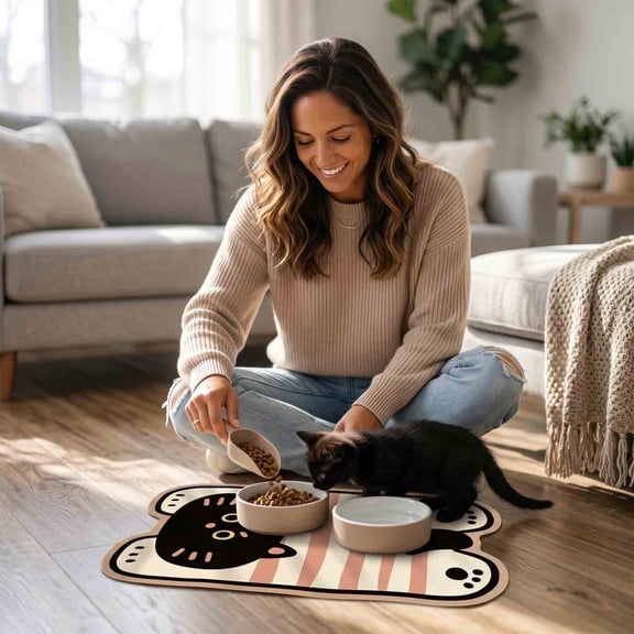 Cute Irregular Cartoon-Shaped Pet Feeding Mat, Absorbent Non-Slip Leather Bowl Pad, Quick-Drying Water-Resistant Mat for Cats & Dogs, Indoor Use, 15.74x23.62in(E)