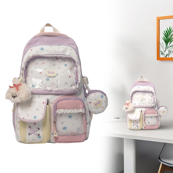 Cute Ita Backpack with Clear Window Pin Display, Kawaii Japanese Bag with Plush Charm and Detachable Pouch for Teen, Daily Travel