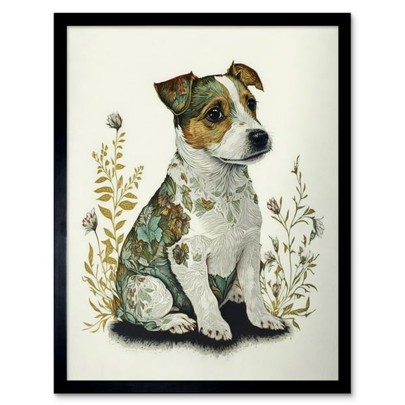 Cute Jack Russel Dog Puppy and Flower Patterns Colour Pencil Illustration Art Print Framed Poster Wall Decor 12x16 inch