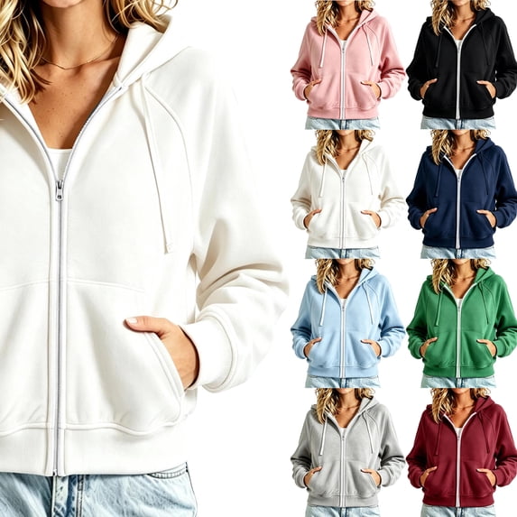 Cute Jackets Dqueduo Women's Solid Color Zip-Up Hoodie Sweatshirt with Pockets – Casual Long Sleeve Drawstring Top White S