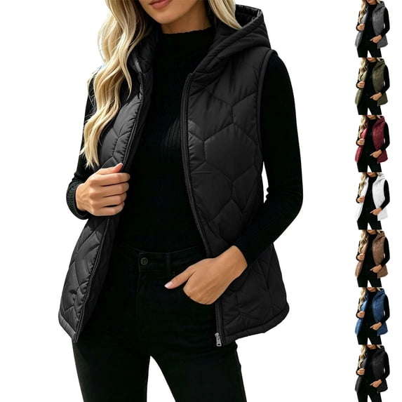 Cute Jackets Women's Winter Solid Color Quilted Hooded Cotton Jacket With Zip Lining And Pockets Black S