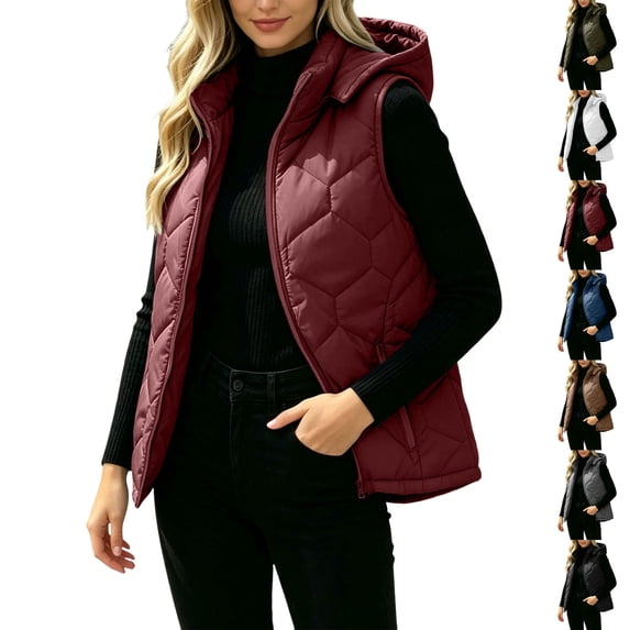 Cute Jackets Women's Winter Solid Color Quilted Hooded Cotton Jacket With Zip Lining And Pockets Wine S