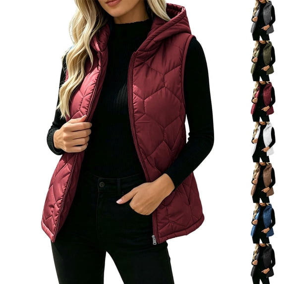 Cute Jackets Women's Winter Solid Color Quilted Hooded Cotton Jacket With Zip Lining And Pockets Wine XL