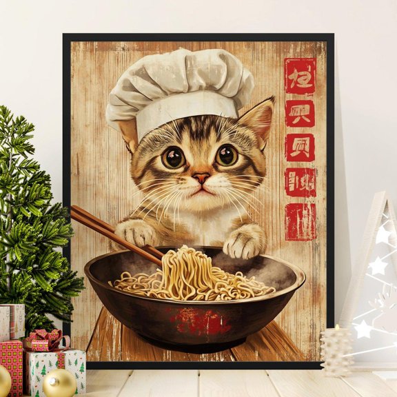 Cute Japanese Chef Cat Poster, Vintage Kitchen Decor, Adorable Kitten Cooking Art, Whimsical Animal Wall Art, Playful Noodle Lover Print, 24x36