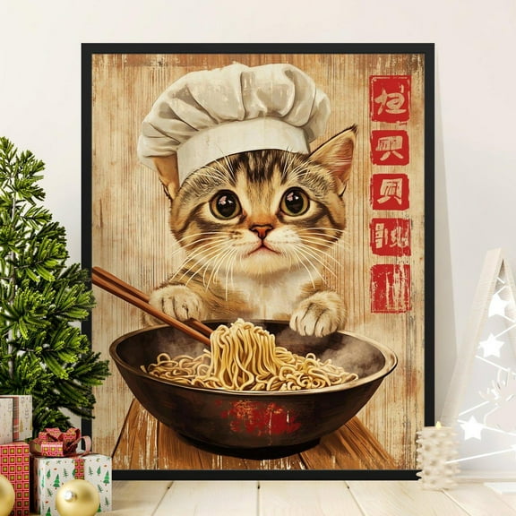 Cute Japanese Chef Cat Poster, Vintage Kitchen Decor, Adorable Kitten Cooking Art, Whimsical Animal Wall Art, Playful Noodle Lover Print, 8x12