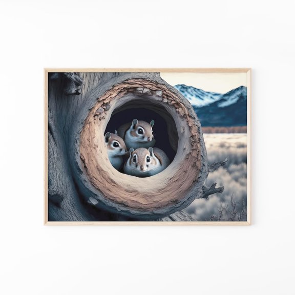 Cute Japanese Dwarf Flying Squirrels Hiding In Tree Momonga Wall Art Home Gallery Accent
