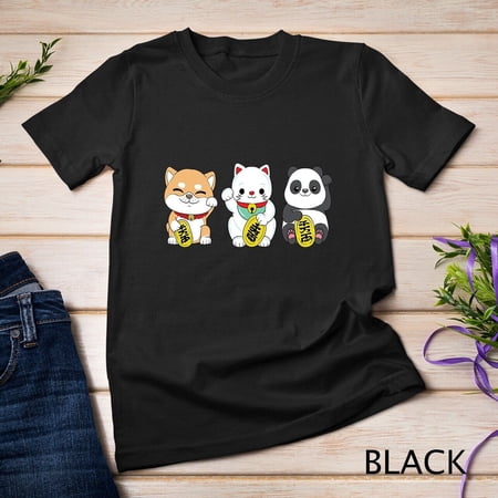 Cute Japanese Panda, Maneki Neko Lucky Cat and Shiba Inu Unisex T-shirt