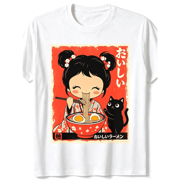 Cute Japanese Ramen Girl With Black Cat Graphic T‑Shirt, Retro Vintage Art Crewneck Short Sleeve Tee
