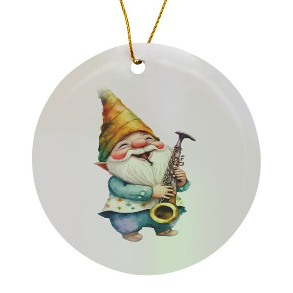 3drose, Cute Jazz Gnome Playing a Saxophone Illustration, Circle Porcelain Ornament