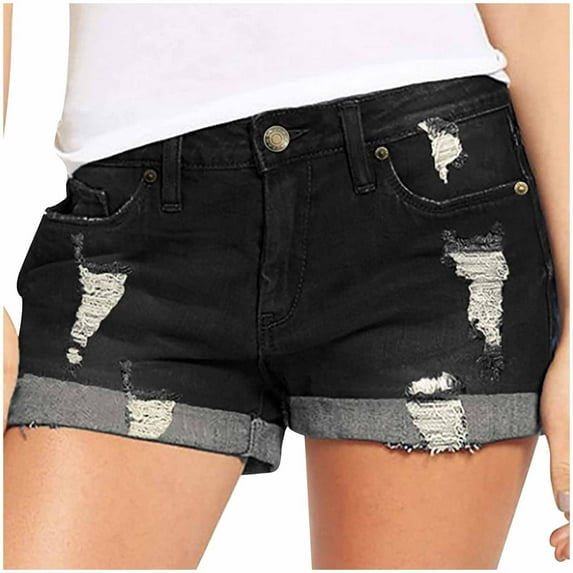 Cute Jean Shorts for Women Distressed Stretchy Denim Shorts Juniors Ripped Frayed Raw Rolled Hem Casual Jeans Shorts