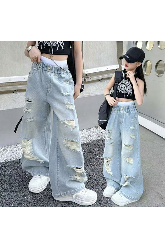 Cute Jeans Drawstring Waist Casual Wide Leg Pants Trousers Loose Denim Pants for kids Girls 4T Pants