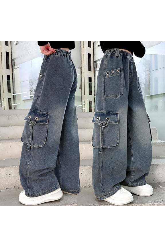 Cute Jeans Elastic Waist Drawstring Wide-Leg Palazzo Denim Pants Cargo Jogger Pants for kids Girls Trendy Clothes 4T