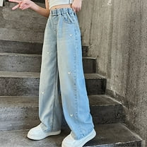 Cute Jeans For Girls 10-12 Preppy Baggy Ripped Jeans for Girls Elastic Waist Wide Leg Distressed Denim Pants Kids Cute Pull On Jeans 5-14 Years High Waisted Straight Leg Denim Pants