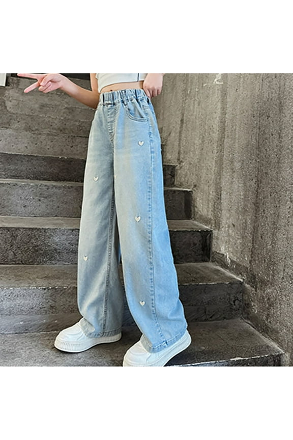 Cute Jeans For Girls 10-12 Preppy Baggy Ripped Jeans for Girls Elastic Waist Wide Leg Distressed Denim Pants Kids Cute Pull On Jeans 5-14 Years High Waisted Straight Leg Denim Pants