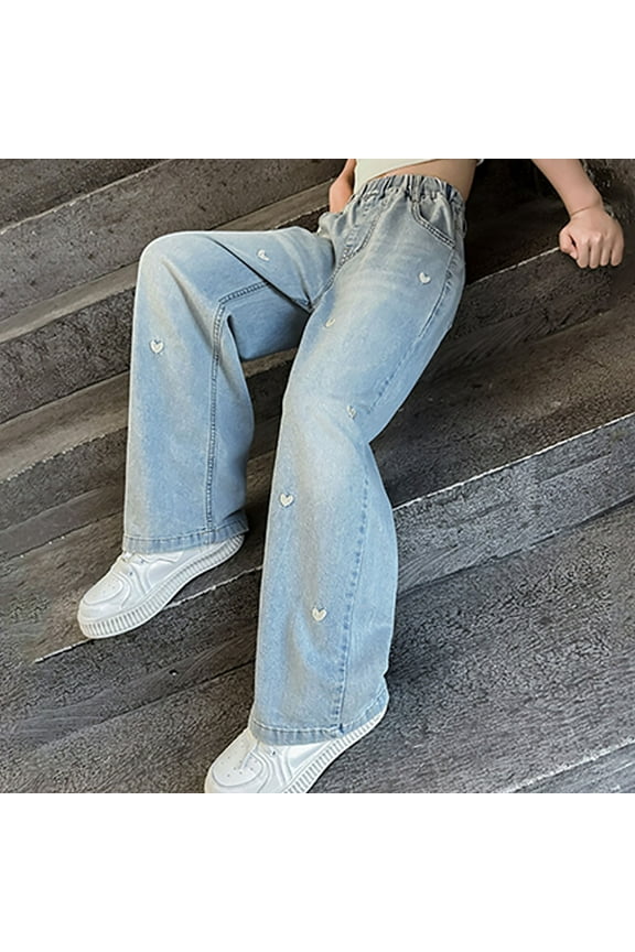 Cute Jeans For Teen Girls High Rise Baggy Baggy Ripped Jeans for Girls Elastic Waist Wide Leg Distressed Denim Pants Kids Cute Pull On Jeans 5-14 Years High Waisted Straight Leg Denim Pants