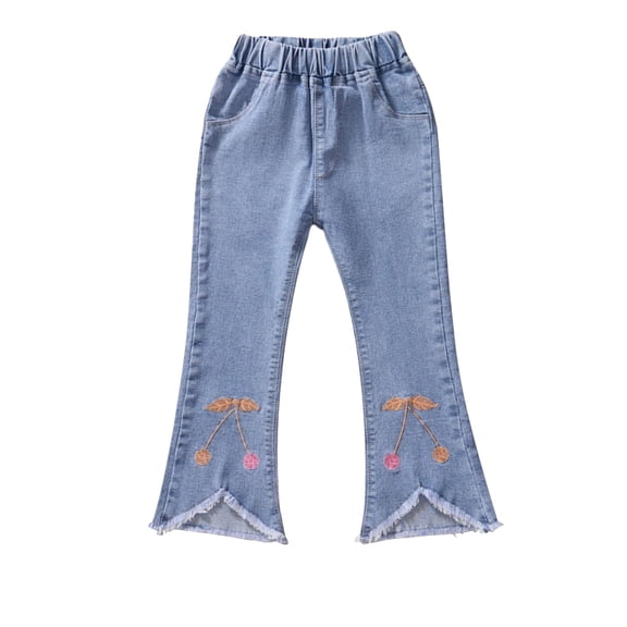 Cute Jeans for Girls 10 12 Straight Leg Cute Embroidery Elastic Waist Denim Pants Raw Hem Fashion Back to School Clothing, Light Blue7 Years