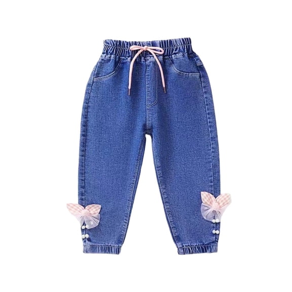 Cute Jeans for Girls Fashion Elastic Waisted Denim Pants Casual Cuffed Jean with Drawstring Clothes for Kids Size 6M-6Y