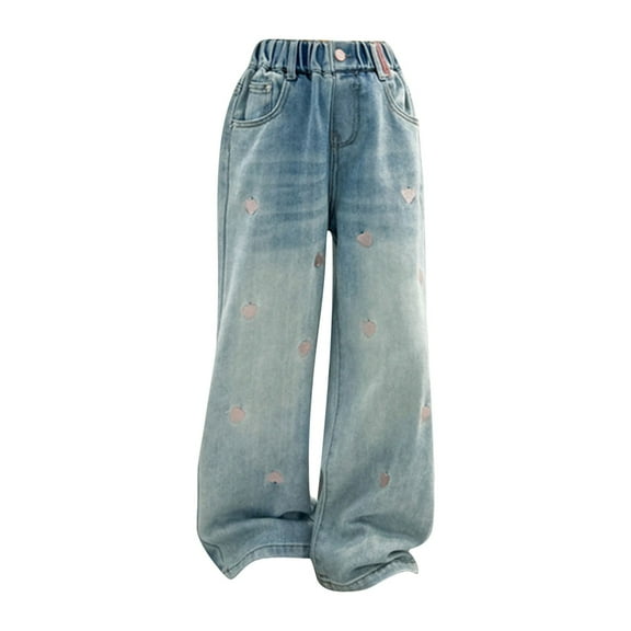Cute Jeans for Teen Girls Baggy Jeans Kids Y2𝐊 Heart Distressed Jeans Elastic Waist Wide Leg Pants Baggy Denim Pants